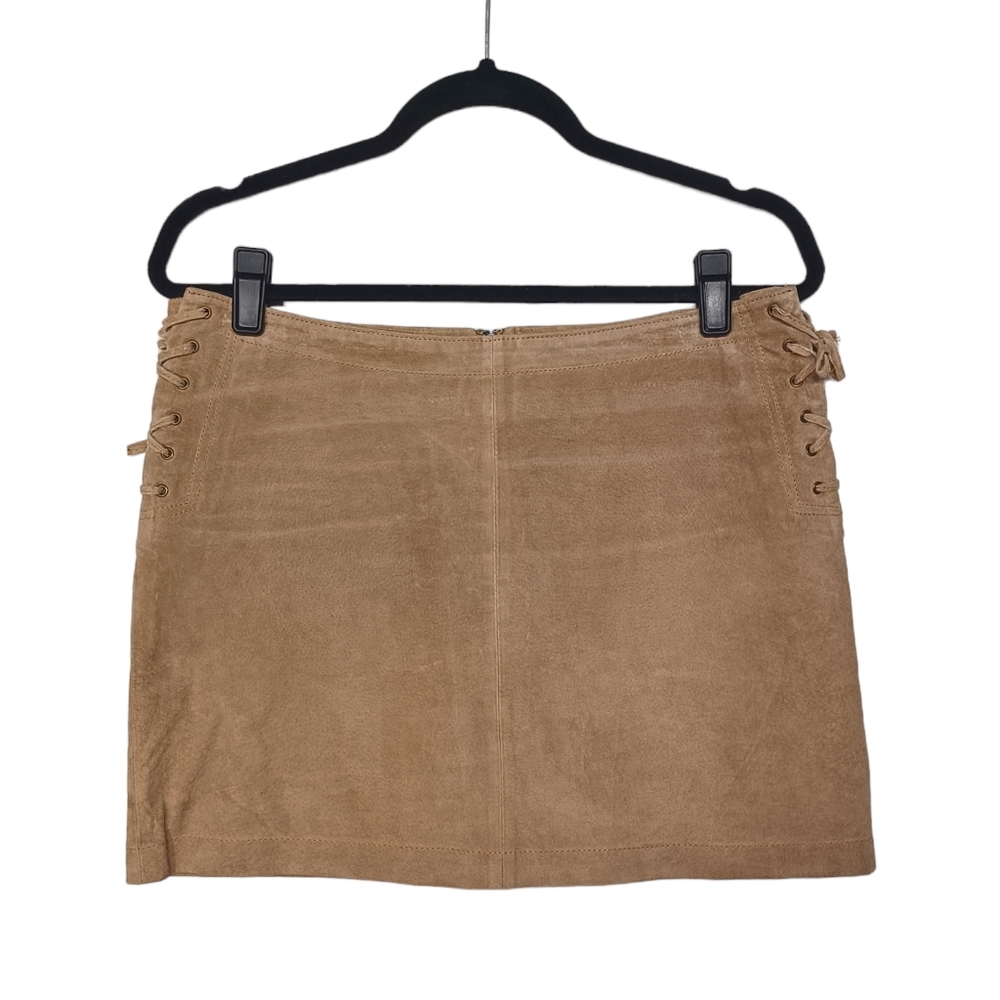 VTG BB DAKOTA 100% Leather Tan Braided Lace Up Mini Boho Skirt 7/8 (M)